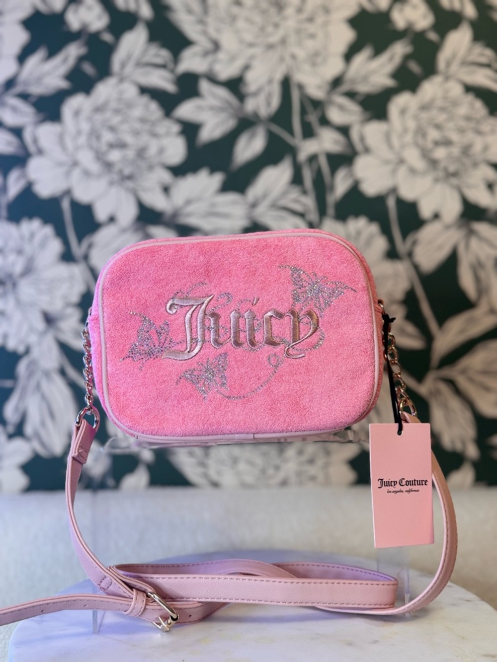 Juicy Couture Pink Crossbody Bag with Silver Glitter Logo